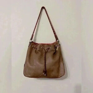 Vintage Fossil Brown Hobo Leather Bucket Shoulder Woven Handle Drawstring Bag